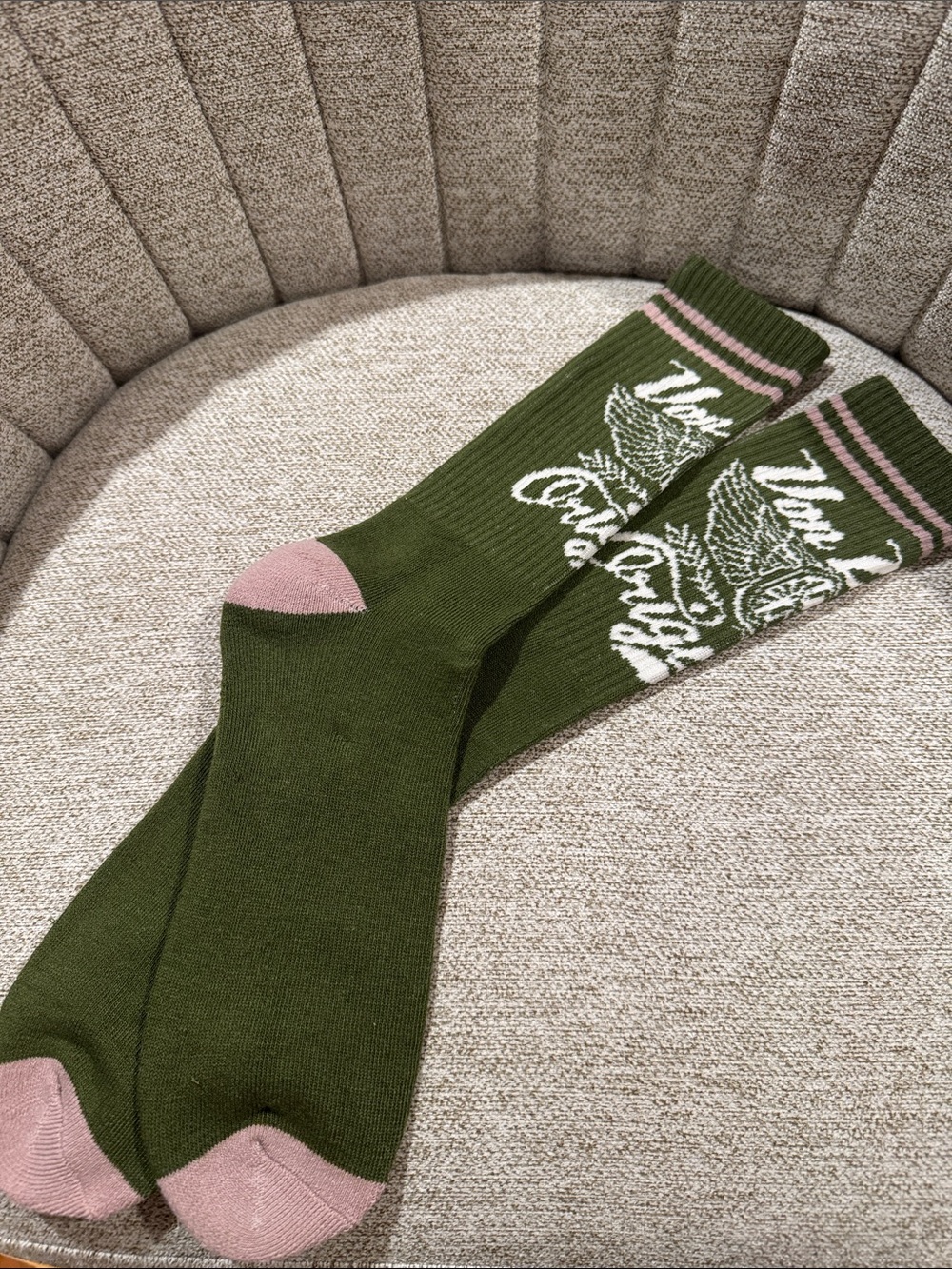 New Olive Green Crew Socks with Pink Accents